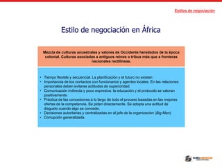 Estilos de negociación
Estilo de negociación en África
Mezcla de culturas ancestrales y valores de Occidente heredados de la época
colonial. Culturas asociadas a antiguos reinos o tribus más que a fronteras
nacionales rectilíneas.
• Tiempo flexible y secuencial. La planificación y el futuro no existen
• Importancia de los contactos con funcionarios y agentes locales. En las relaciones
personales deben evitarse actitudes de superioridad
• Comunicación indirecta y poco expresiva: la educación y el protocolo se valoran
positivamente.
• Práctica de las concesiones a lo largo de todo el proceso basadas en las mejores
ofertas de la competencia. Se piden directamente. Se adopta una actitud de
disgusto cuando algo se concede.
• Decisiones autoritarias y centralizadas en el jefe de la organización (Big Man).
• Corrupción generalizada.
 