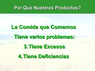 Por Qué Nuestros Productos? La Comida que Comemos  Tiene varios problemas: Tiene Excesos Tiene Deficiencias  