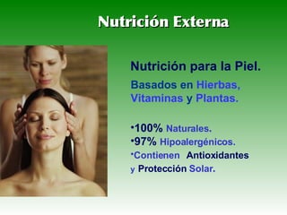 Nutrición para la Piel. Basados en   Hierbas, Vitaminas  y   Plantas. 100%   Naturales . 97%   Hipoalergénicos. Contienen   Antioxidantes   y   Protección  Solar . Nutrición Externa 