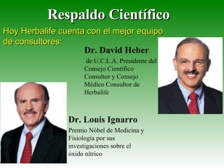 Respaldo Científico Dr. David Heber de U.C.L.A. Presidente del Consejo Científico Consultor y Consejo Médico Consultor de Herbalife Hoy Herbalife cuenta con el mejor equipo de consultores: Dr. Louis Ignarro Premio Nóbel de Medicina y Fisiología por sus investigaciones sobre el óxido nítrico 