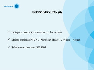 INTRODUCCIÓN (0) Enfoque a procesos e interacción de los mismos Mejora continua (PHVA), -Planificar -Hacer - Verificar – Actuar. Relación con la norma ISO 9004 