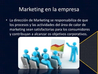 Marketing en la empresa
• La dirección de Marketing se responsabiliza de que
los procesos y las actividades del área de calor de
marketing sean satisfactorias para los consumidores
y contribuyan a alcanzar os objetivos corporativos.
 