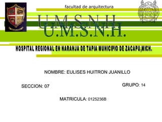 U.M.S.N.H. facultad de arquitectura HOSPITAL REGIONAL EN NARANJA DE TAPIA MUNICIPIO DE ZACAPU,MICH. NOMBRE: EULISES HUITRON JUANILLO SECCION: 07 GRUPO : 14 MATRICULA : 0125236B 