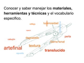 Conocer y saber manejar los  materiales, herramientas y técnicas  y el vocabulario especifico. cabujón perla artefinal degradado aguada opaco translucido reflejo reflejo matizado Gama tonal luminosidad textura 