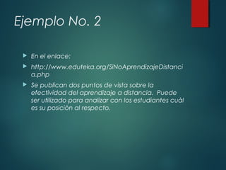 Ejemplo No. 2


En el enlace:



http://www.eduteka.org/SiNoAprendizajeDistanci
a.php



Se publican dos puntos de vista sobre la
efectividad del aprendizaje a distancia. Puede
ser utilizado para analizar con los estudiantes cuàl
es su posiciòn al respecto.

 
