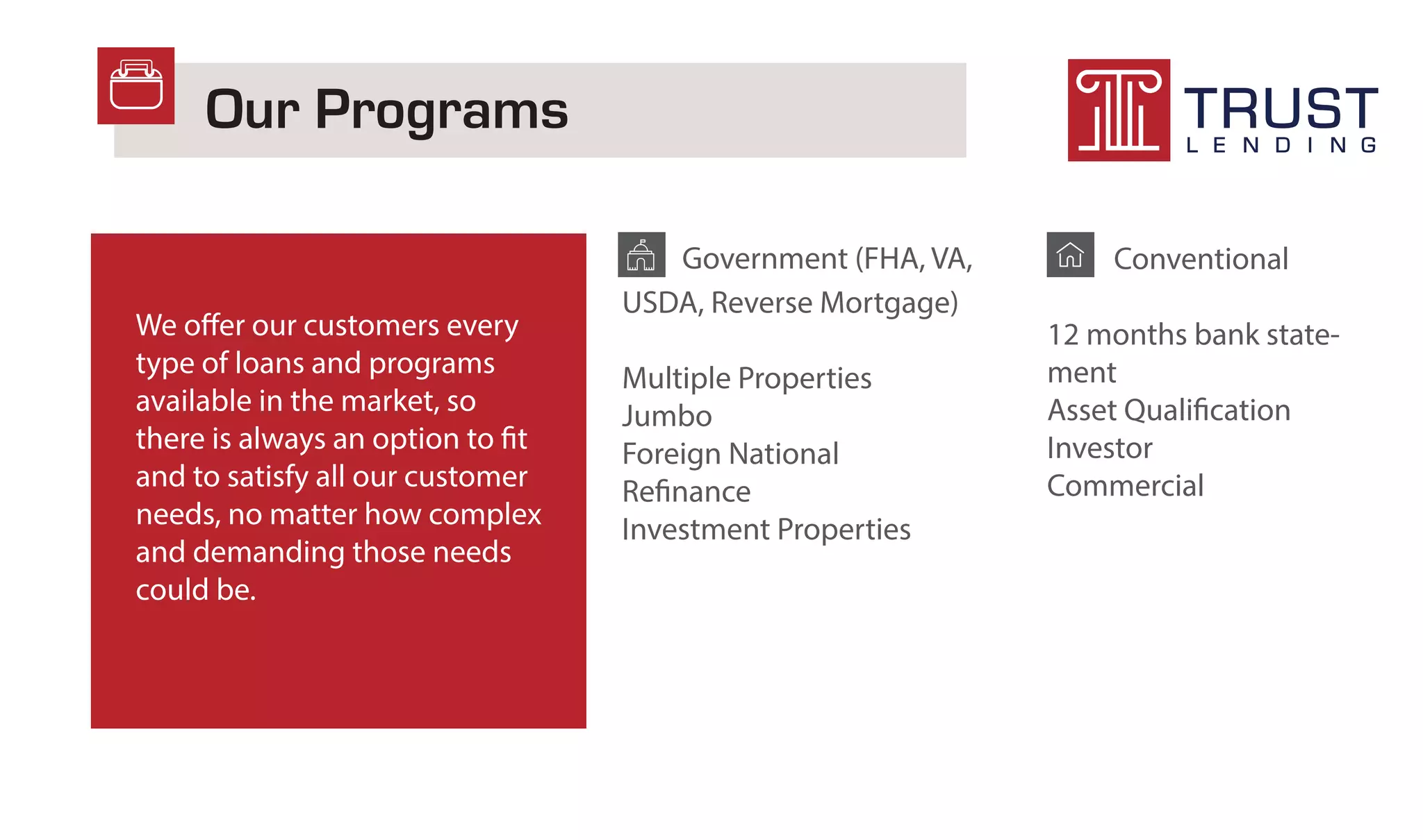 Our Programs
We offer our customers every
type of loans and programs
available in the market, so
there is always an option to fit
and to satisfy all our customer
needs, no matter how complex
and demanding those needs
could be.
Government (FHA, VA,
USDA, Reverse Mortgage)
Multiple Properties
Jumbo
Foreign National
Refinance
Investment Properties
Conventional
12 months bank state-
ment
Asset Qualification
Investor
Commercial
 