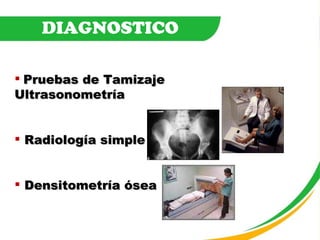 DIAGNOSTICO Pruebas de Tamizaje  Ultrasonometría Radiología simple Densitometría ósea 