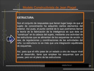 Modelo Constructivista de Jean Piaget
ESTRUCTURA:
Son el conjunto de respuestas que tienen lugar luego de que el
sujeto de conocimiento ha adquirido ciertos elementos del
exterior. Así pues, el punto central de lo que podríamos llamar
la teoría de la fabricación de la inteligencia es que ésta se
"construye" en la cabeza del sujeto, mediante una actividad de
las estructuras que se alimentan de los esquemas de acción, o
sea, de regulaciones y coordinaciones de las actividades del
niño. La estructura no es más que una integración equilibrada
de esquemas.
Así, para que el niño pase de un estado a otro de mayor nivel
en el desarrollo, tiene que emplear los esquemas que ya
posee, pero en el plano de las estructuras.
didáctica I
 