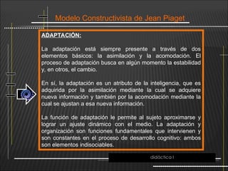 Modelo Constructivista de Jean Piaget
ADAPTACIÓN:
La adaptación está siempre presente a través de dos
elementos básicos: la asimilación y la acomodación. El
proceso de adaptación busca en algún momento la estabilidad
y, en otros, el cambio.
En sí, la adaptación es un atributo de la inteligencia, que es
adquirida por la asimilación mediante la cual se adquiere
nueva información y también por la acomodación mediante la
cual se ajustan a esa nueva información.
La función de adaptación le permite al sujeto aproximarse y
lograr un ajuste dinámico con el medio. La adaptación y
organización son funciones fundamentales que intervienen y
son constantes en el proceso de desarrollo cognitivo: ambos
son elementos indisociables.
didáctica I
 