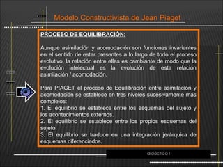 Modelo Constructivista de Jean Piaget
PROCESO DE EQUILIBRACIÓN:
Aunque asimilación y acomodación son funciones invariantes
en el sentido de estar presentes a lo largo de todo el proceso
evolutivo, la relación entre ellas es cambiante de modo que la
evolución intelectual es la evolución de esta relación
asimilación / acomodación.
Para PIAGET el proceso de Equilibración entre asimilación y
acomodación se establece en tres niveles sucesivamente más
complejos:
1. El equilibrio se establece entre los esquemas del sujeto y
los acontecimientos externos.
2. El equilibrio se establece entre los propios esquemas del
sujeto.
3. El equilibrio se traduce en una integración jerárquica de
esquemas diferenciados.
didáctica I
 