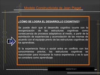 Modelo Constructivista de Jean Piaget
¿CÓMO SE LOGRA EL DESARROLLO COGNITIVO?
Se puede decir que el desarrollo cognitivo ocurre con la
reorganización de las estructuras cognitivas como
consecuencia de procesos adaptativos al medio, a partir de la
asimilación de experiencias y acomodación de las mismas de
acuerdo con el equipaje previo de las estructuras cognitivas de
los aprendices.
Si la experiencia física o social entra en conflicto con los
conocimientos previos, las estructuras cognitivas se
reacomodan para incorporar la nueva experiencia y es lo que
se considera como aprendizaje.
didáctica I
 
