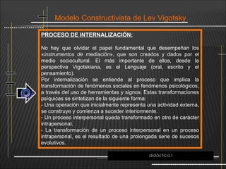 Modelo Constructivista de Lev Vigotsky
PROCESO DE INTERNALIZACIÓN:
No hay que olvidar el papel fundamental que desempeñan los
«instrumentos de mediación», que son creados y dados por el
medio sociocultural. El más importante de ellos, desde la
perspectiva Vigotskiana, es el Lenguaje (oral, escrito y el
pensamiento).
Por internalización se entiende al proceso que implica la
transformación de fenómenos sociales en fenómenos psicológicos,
a través del uso de herramientas y signos. Estas transformaciones
psíquicas se sintetizan de la siguiente forma:
- Una operación que inicialmente representa una actividad externa,
se construye y comienza a suceder interiormente.
- Un proceso interpersonal queda transformado en otro de carácter
intrapersonal.
- La transformación de un proceso interpersonal en un proceso
intrapersonal, es el resultado de una prolongada serie de sucesos
evolutivos.
didáctica I
 