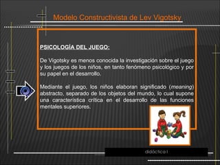 Modelo Constructivista de Lev Vigotsky
PSICOLOGÍA DEL JUEGO:
De Vigotsky es menos conocida la investigación sobre el juego
y los juegos de los niños, en tanto fenómeno psicológico y por
su papel en el desarrollo.
Mediante el juego, los niños elaboran significado (meaning)
abstracto, separado de los objetos del mundo, lo cual supone
una característica crítica en el desarrollo de las funciones
mentales superiores.
didáctica I
 