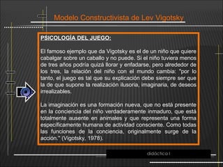 Modelo Constructivista de Lev Vigotsky
PSICOLOGÍA DEL JUEGO:
El famoso ejemplo que da Vigotsky es el de un niño que quiere
cabalgar sobre un caballo y no puede. Si el niño tuviera menos
de tres años podría quizá llorar y enfadarse, pero alrededor de
los tres, la relación del niño con el mundo cambia: "por lo
tanto, el juego es tal que su explicación debe siempre ser que
la de que supone la realización ilusoria, imaginaria, de deseos
irrealizables.
La imaginación es una formación nueva, que no está presente
en la conciencia del niño verdaderamente inmaduro, que está
totalmente ausente en animales y que representa una forma
específicamente humana de actividad consciente. Como todas
las funciones de la conciencia, originalmente surge de la
acción." (Vigotsky, 1978).
didáctica I
 