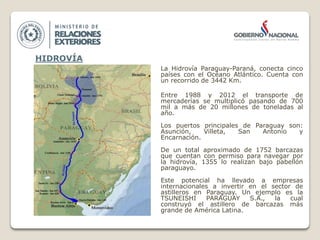 La Hidrovía Paraguay-Paraná, conecta cinco
países con el Océano Atlántico. Cuenta con
un recorrido de 3442 Km.
Entre 1988 y 2012 el transporte de
mercaderías se multiplicó pasando de 700
mil a más de 20 millones de toneladas al
año.
Los puertos principales de Paraguay son:
Asunción, Villeta, San Antonio y
Encarnación.
De un total aproximado de 1752 barcazas
que cuentan con permiso para navegar por
la hidrovía, 1355 lo realizan bajo pabellón
paraguayo.
Este potencial ha llevado a empresas
internacionales a invertir en el sector de
astilleros en Paraguay. Un ejemplo es la
TSUNEISHI PARAGUAY S.A., la cual
construyó el astillero de barcazas más
grande de América Latina.
HIDROVÍA
 