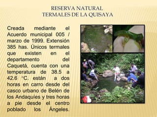 Creada     mediante      el
Acuerdo municipal 005 /
marzo de 1999. Extensión
385 has. Únicos termales
que    existen    en     el
departamento           del
Caquetá, cuenta con una
temperatura de 38.5 a
42.6 °C. están      a dos
horas en carro desde del
casco urbano de Belén de
los Andaquíes y tres horas
a pie desde el centro
poblado    los    Ángeles.
 