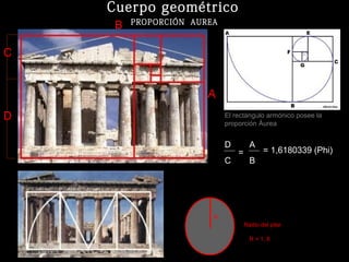 El rectángulo armónico posee la
proporción Áurea
A
B
A
B
= 1,6180339 (Phi)
PROPORCIÓN AUREA
R = 1, 6
Radio del pilar
R
D
C
D
C
=
Cuerpo geométrico
 