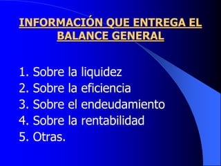 INFORMACIÓN QUE ENTREGA EL
BALANCE GENERAL
1. Sobre la liquidez
2. Sobre la eficiencia
3. Sobre el endeudamiento
4. Sobre la rentabilidad
5. Otras.
 