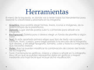 Herramientas
El menú de la izquierda, es donde vas a tener todas las herramientas para
explotar tu creatividad y plasmarla en la infografía:
• Graphics: Aquí podrás elegir formas, líneas, iconos e imágenes, de la
galería propia de la plataforma.
• Uploads: Lugar donde podrás subir tu contenido para añadir a la
infografía.
• Background: Galería para si deseas elegir un fondo de plantilla o algún
color.
• Text: En este apartado primero eliges que tipo de texto vas a poner,
subtitulo, titulo, cuerpo, para luego pasarlo a la sección de la infografía
que desees, y ahí elegir tipografía, tamaño, color y toda la configuración
que necesites realizar.
• Styles: Aquí se pueden modificar la combinación de colores del fondo
de la infografía.
• Tools: Contempla los gráficos, mapas y videos a añadir en tu infografía.
Muy útil ya que se pueden representar datos en gráficos y mapas
mediante una hoja Excel que incluye dicha visualización.
 