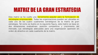 MATRIZ DE LA GRAN ESTRATEGIA
Esta matriz se ha vuelto una herramienta popular para la formulación de
estrategias empresariales. Todas las organizaciones pueden ser ubicadas en
cada uno de los cuatro cuadrantes estratégicos de la matriz de gran
estrategia. Tal como se ilustra en la siguiente figura, esta matriz se basa en
dos dimensiones evaluativas: posición competitiva y crecimiento del
mercado. Las estrategias adecuadas para una organización aparecen en
orden de atractivo en cada cuadrante de la matriz.
 