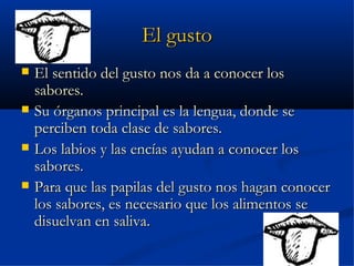 El gusto
   El sentido del gusto nos da a conocer los
    sabores.
   Su órganos principal es la lengua, donde se
    perciben toda clase de sabores.
   Los labios y las encías ayudan a conocer los
    sabores.
   Para que las papilas del gusto nos hagan conocer
    los sabores, es necesario que los alimentos se
    disuelvan en saliva.
 