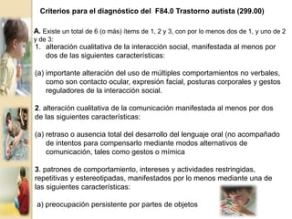 Criterios para el diagnóstico del F84.0 Trastorno autista (299.00)
A. Existe un total de 6 (o más) ítems de 1, 2 y 3, con por lo menos dos de 1, y uno de 2
y de 3:
1. alteración cualitativa de la interacción social, manifestada al menos por
dos de las siguientes características:
(a) importante alteración del uso de múltiples comportamientos no verbales,
como son contacto ocular, expresión facial, posturas corporales y gestos
reguladores de la interacción social.
2. alteración cualitativa de la comunicación manifestada al menos por dos
de las siguientes características:
(a) retraso o ausencia total del desarrollo del lenguaje oral (no acompañado
de intentos para compensarlo mediante modos alternativos de
comunicación, tales como gestos o mímica
3. patrones de comportamiento, intereses y actividades restringidas,
repetitivas y estereotipadas, manifestados por lo menos mediante una de
las siguientes características:
a) preocupación persistente por partes de objetos
 