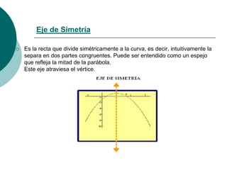 Eje de Simetría
 Es la recta que divide simétricamente a la curva, es decir, intuitivamente la
separa en dos partes congr...