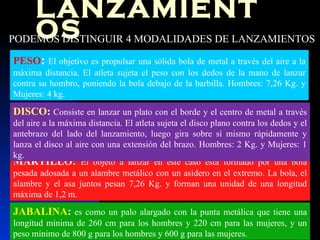 LANZAMIENTOS PODEMOS DISTINGUIR 4 MODALIDADES DE LANZAMIENTOS PESO :  El objetivo es propulsar una sólida bola de metal a través del aire a la máxima distancia. El atleta sujeta el peso con los dedos de la mano de lanzar contra su hombro, poniendo la bola debajo de la barbilla. Hombres: 7,26 Kg. y Mujeres: 4 kg. MARTILLO:  El objeto a lanzar en este caso está formado por una bola pesada adosada a un alambre metálico con un asidero en el extremo. La bola, el alambre y el asa juntos pesan 7,26 Kg. y forman una unidad de una longitud máxima de 1,2 m. JABALINA :  es como un palo alargado con la punta metálica que tiene una longitud mínima de 260 cm para los hombres y 220 cm para las mujeres, y un peso mínimo de 800 g para los hombres y 600 g para las mujeres. DISCO :  Consiste en lanzar un plato con el borde y el centro de metal a través del aire a la máxima distancia. El atleta sujeta el disco plano contra los dedos y el antebrazo del lado del lanzamiento, luego gira sobre sí mismo rápidamente y lanza el disco al aire con una extensión del brazo. Hombres: 2 Kg. y Mujeres: 1 kg.  