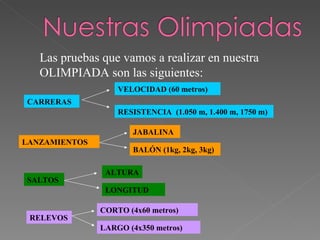 Las pruebas que vamos a realizar en nuestra  OLIMPIADA son las siguientes: CARRERAS  VELOCIDAD (60 metros) RESISTENCIA  (1.050 m, 1.400 m, 1750 m) LANZAMIENTOS  SALTOS  RELEVOS  JABALINA BALÓN (1kg, 2kg, 3kg) ALTURA  LONGITUD  LARGO (4x350 metros)  CORTO (4x60 metros)  