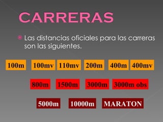 Las distancias oficiales para las carreras son las siguientes. 100m 110mv 100mv 1500m 3000m 200m 400m 800m 5000m 10000m MARATON 400mv 3000m obs 