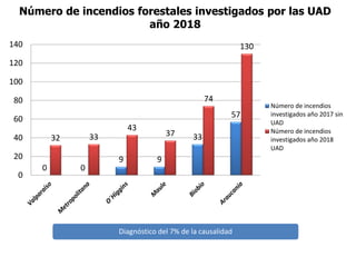 Número de incendios forestales investigados por las UAD
año 2018
0 0
9 9
33
57
32 33
43
37
74
130
0
20
40
60
80
100
120
140
Número de incendios
investigados año 2017 sin
UAD
Número de incendios
investigados año 2018
UAD
Diagnóstico del 7% de la causalidad
 