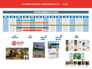 P
L
A
ND
EMEDIOS2017-2018
S
E
P O
C
T N
O
V DIC E
N
E F
E
B MAR A
B
R M
A
Y J
U
N J
U
L A
G
O SEP
T
elevisión R
adio Difusión
online
Material
difusión
Hitos
CAMPAÑANACIONALDEPREVENCIÓN2017 - 2018
 