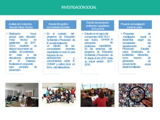 INVESTIGACIÓNSOCIAL
Proyectodeinvestigación
socialdecasos
desarrollar
, según
necesidades
departamento
• Propuesta de
investigación social a
las
del
de
Prevención. Estudiar
casos focalizados en
localidades relevantes,
como insumo
generación
conocimiento
de
de
social
desdelainstitución.
Estudiodepercepción
profesorescapacitados
2015al2018
• Estudioenelmarcodel
compromisoCEEI16.3.1
conocer la
de
que busca
percepción
profesores capacitados
en las versiones del
programa de Educación
AmbientalyPrevención de
IFdesdeelaño2015 hasta
su actual versión 2017-
2018.
EstudioEtnográﬁco
comunidadesdocentes
• En el contexto del
programa de Educación
AmbientalyPrevención de
IF
,seestárealizando
un estudio de las
comunidades docentes
capacitadasentodoel país
respectodesus
apreciaciones y
conocimientos sobre IF
,
CONAF y cultura local en
torno atemáticasaﬁnes.
AnálisisdeContenidos:
ReuniónMesaTécnica
• Realización focus
groups para discusión
mesa técnica en
septiembre de 2017.
Como resultado se
elaboródocumento de
análisis decontenidos
en base a las
discusiones
en la
generadas
instancia,
focalizadaenpropuesta
para campaña de
prevención.
 
