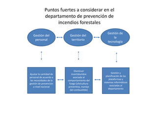 Gestión del
personal
Gestión del
territorio
Gestión de
la
tecnología
Puntos fuertes a considerar en el
departamento de prevención de
incendios forestales
Ajustar la cantidad de
personal de acuerdo a
las necesidades de la
gestión de prevención
a nivel nacional
Disminuir
incertidumbre
asociada al
comportamiento del
fuego (silvicultura
preventiva, manejo
del combustible)
Gestión y
planificación de las
plataformas y
sistemas informáticos
asociadas al
departamento
 