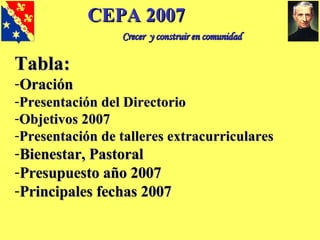 CEPA 2007 Crecer  y construir en comunidad ,[object Object],[object Object],[object Object],[object Object],[object Object],[object Object],[object Object],[object Object]