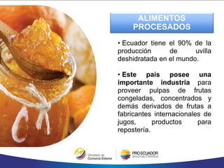 ALIMENTOS
PROCESADOS
• Ecuador tiene el 90% de la
producción de uvilla
deshidratada en el mundo.
• Este país posee una
importante industria para
proveer pulpas de frutas
congeladas, concentrados y
demás derivados de frutas a
fabricantes internacionales de
jugos, productos para
repostería.
 