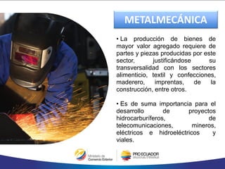 METALMECÁNICA
• La producción de bienes de
mayor valor agregado requiere de
partes y piezas producidas por este
sector, justificándose su
transversalidad con los sectores
alimenticio, textil y confecciones,
maderero, imprentas, de la
construcción, entre otros.
• Es de suma importancia para el
desarrollo de proyectos
hidrocarburíferos, de
telecomunicaciones, mineros,
eléctricos e hidroeléctricos y
viales.
 