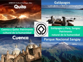 Parque Nacional Sangay
Galápagos
Cuenca y Quito: Patrimonio
cultural de la humanidad
Galápagos y Parq. Sangay:
Patrimonio
natural de la humanidad
 