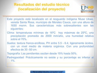 Resultados del estudio técnico
(localización del proyecto)
Este proyecto está localizado en el resguardo indígena Muse Ukwe,
vereda Santa Rosa, municipio de Morales Cauca, con una altura de
1650 msnm. Sus características más sobresalientes son las
siguientes:
Clima: temperaturas mínimas de 16ºC hay máximas de 25ºC, una
precipitación promedio de 2000 mm/año, una humedad relativa
sobre el 70%.
Suelos: textura franco-arcillosa, PH entre 5.5 - 6.4, ligeramente ácidos,
con un nivel medio de materia orgánica. Con una profundidad
efectiva de 30 -50 cm.
Topografía: Las pendientes oscilan desde 15% hasta 50%.
Pedregosidad: Prácticamente no existe y su porcentaje es inferior al
1%.

 