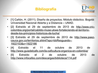 Bibliografía
•
•

•

•
•

[1] Cañón, H. (2011). Diseño de proyectos. Módulo didáctico. Bogotá:
Universidad Nacional Abierta y a Distancia – UNAD.
[2] Extraído el 29 de septiembre de 2013 de http://www.criccolombia.org/portal/cabildo-muse-ukwe-fortaleciendo-el-territoriodesde-los-principios-historicos-de-lucha/
[3] Extraído el 29 de septiembre de 2013 de http://www.paezcauca.gov.co/territorios.shtml?apc=bbResguardo-1922153&x=1922186
[4]
Extraído
el
11
de
octubre
de
2013
de
http://www.guiadelcafe.com/la-caficultura-organica-en-colombia/
[5]
Extraído
el
2
de
octubre
de
2013
de
http://www.infocafes.com/descargas/biblioteca/114.pdf

 