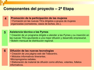 Asistencia técnica a las Pymes Creación de un programa dirigido a atender a las Pymes y su inserción en las nuevas TICs apuntando a una mejor difusión y desarrollo empresarial. Boletín mensual de distribución regional. Componentes del proyecto – 2ª Etapa Promoción de la participación de las mujeres Formación en las nuevas TICs dirigidos a grupos de mujeres organizadas (comedores, vasos de leches, etc.). Difusión de las nuevas tecnologías Creación de una página web del Telecentro. Módulos informativos itinerantes. Microprograma radiales. Elaboración de material de difusión como afiches, volantes, folletos informativos. 5 6 4