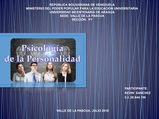 REPÚBLICA BOLIVARIANA DE VENEZUELA
MINISTERIO DEL PODER POPULAR PARA LA EDUCACION UNIVERSITARIA
UNIVERSIDAD BICENTENARIA DE ARAGUA
SEDE: VALLE DE LA PASCUA
SECCIÓN P1
PARTICIPANTE:
KEVIN SANCHEZ
C.I. 26.844.198
VALLE DE LA PASCUA, JULIO 2018
 
