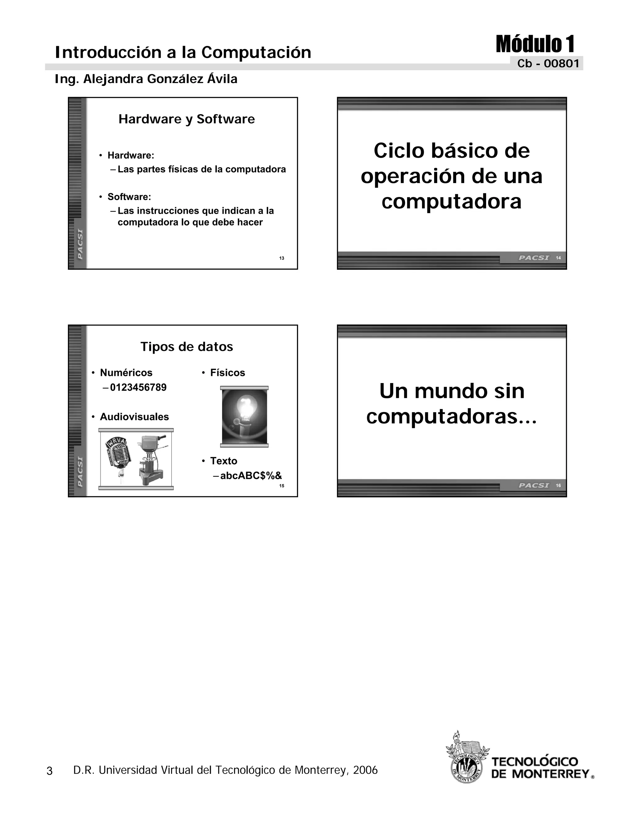Introducción a la Computación                                         Módulo 1
                                                                            Cb - 00801
    Ing. Alejandra González Ávila


               Hardware y Software

           • Hardware:                                         Ciclo básico de
                                                              operación de una
             – Las partes físicas de la computadora

           • Software:
             – Las instrucciones que indican a la
                                                                computadora
               computadora lo que debe hacer


                                                    13                            14




                    Tipos de datos
          • Numéricos            • Físicos
            – 0123456789
                                                                Un mundo sin
          • Audiovisuales                                      computadoras...
                                 • Texto
                                   – abcABC$%&
                                                    15                            16




3      D.R. Universidad Virtual del Tecnológico de Monterrey, 2006
 
