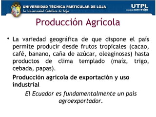  La variedad geográfica de que dispone el país
permite producir desde frutos tropicales (cacao,
café, banano, caña de azúcar, oleaginosas) hasta
productos de clima templado (maíz, trigo,
cebada, papas).
Producción agrícola de exportación y uso
industrial
El Ecuador es fundamentalmente un país
agroexportador.
Producción Agrícola
 