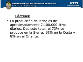 Lácteos:
 La producción de leche es de
aproximadamente 7.100.000 litros
diarios. Des este total, el 73% se
produce en la Sierra, 19% en la Costa y
8% en el Oriente.
 