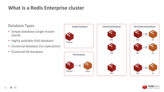 What is a Redis Enterprise cluster
13
Database Types
• Simple database (single master
shard)
• Highly available (HA) database
• Clustered database (no replication)
• Clustered HA database
 