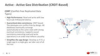 Active - Active Geo Distribution (CRDT-Based)
31
CDRT (Conflict-free Replicated Data
Types)
• High Performance: Read and write with low
local sub-millisecond latency
• Guaranteed data consistency: CRDT based:
The datatypes are conflict-free by design. All
databases eventually converge
automatically to the same state with strong
eventual consistency. Supports causal
consistency executing read and write
operations in an order that reflects causality
• Simplifies the app design: Develop as if it’s a
single app in a single geo, we take care of all
the rest
 