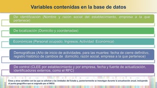 De identificación (Nombre y razón social del establecimiento, empresa a la que
pertenece)
De localización (Domicilio y coordenadas)
Económicas (Personal ocupado, Ingresos, Actividad Económica)
Demográficas (Año de inicio de actividades, para las muertes: fecha de cierre definitivo,
registro histórico de cambios de domicilio, razón social, empresa a la que pertenece)
De control (CLEE por establecimiento y por empresa, fecha y fuente de actualización,
identificadores externos, como el RFC)
Variables contenidas en la base de datos
Éstas y otras variables son las que se solicitan a las Unidades del Estado y, posteriormente se investigan durante la actualización anual, incluyendo
el punto geográfico que es asignado por el INEGI.
 