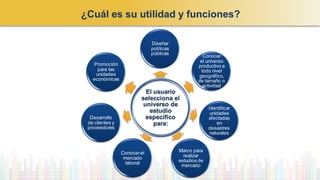 ¿Cuál es su utilidad y funciones?
El usuario
selecciona el
universo de
estudio
específico
para:
Diseñar
políticas
públicas
Conocer
el universo
productivo a
todo nivel
geográfico,
de tamaño o
actividad
Identificar
unidades
afectadas
en
desastres
naturales
Marco para
realizar
estudios de
mercado
Conocerel
mercado
laboral
Promoción
para las
unidades
económicas
Desarrollo
de clientes y
proveedores
 