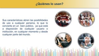 ¿Quiénes lo usan?
Sus características abren las posibilidades
de uso a cualquier persona, lo que lo
convierte en un bien público, ya que está
a disposición de cualquier usuario o
institución, en cualquier momento y desde
cualquier parte del mundo.
Sector
público
Sector
académico
Sociedad
en general
Sector privado
 